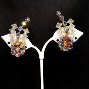 1950s Red Aurora Borealis Crystal Ear Climber Earrings Vintage Clip On Jewelry